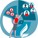 Utilisateur pointant vers un diagramme circulaire segmenté en plusieurs parties, avec des icônes de personnages.