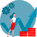 Une femme debout devant un graphe de croissance avec des engrenages et des flèches symbolisant la progression.