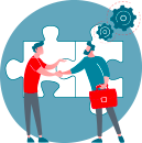 Deux hommes se serrent la main devant un puzzle géant avec des engrenages indiquant une collaboration ou un accord.