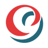 Logo stylisé en rouge et bleu formant une spirale avec un espace central blanc.