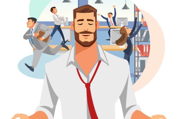 Homme en chemise détendue médite au bureau, contrastant avec des collègues stressés en arrière-plan.