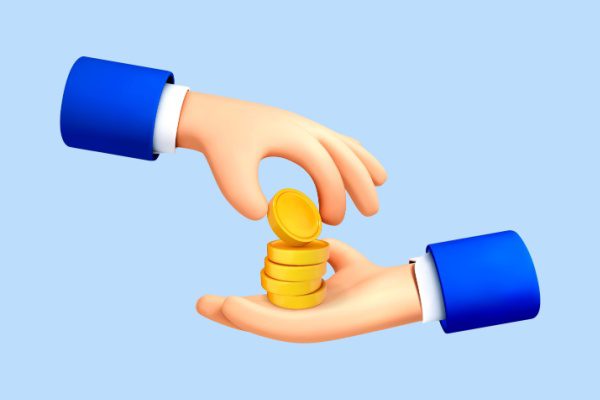 Une main donne des pièces d’or empilées à une autre main, symbolisant un versement ou transaction sur fond bleu.